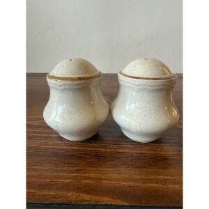Vintage Speckled Stoneware Salt and Pepper Shakers Set Cream Brown Rim 3.5"